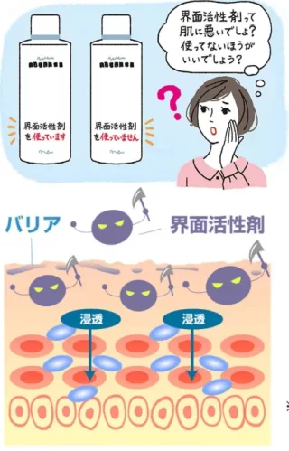 界面活性剤が肌のバリアを壊し、化粧品成分が皮膚の奥深くに浸透します